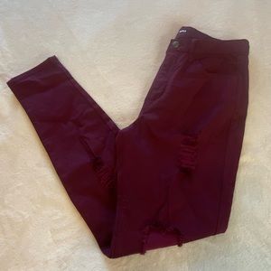 Juniors Maroon Skinny Jeans with Rips Fashion Nova